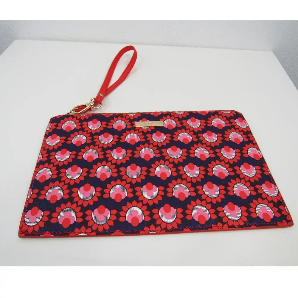 Trina Turk Red Pink Floral Pattern Medium Sized Zipper Cosmetics Pouch Wristlet